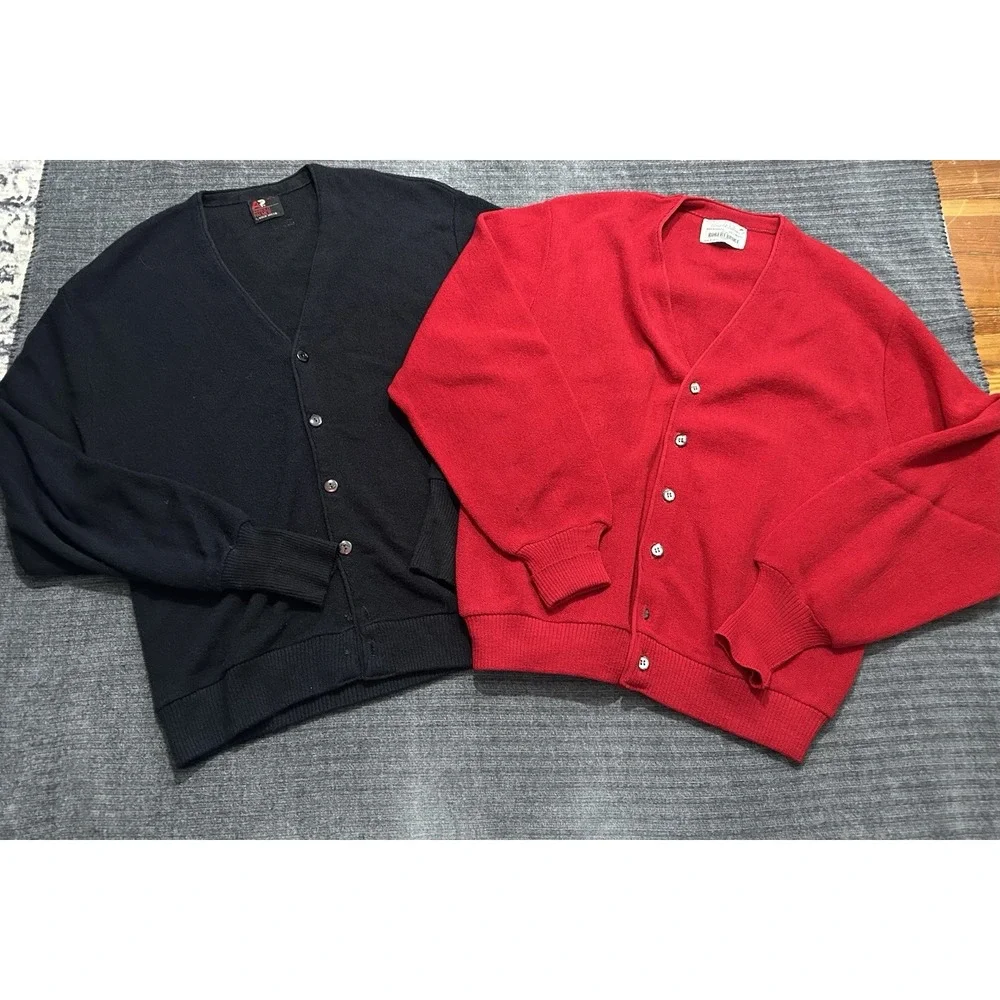Vintage Arnold Palmer Cardigan Lg/XL Robert Bruce Alpaca Wool USA 60s Navy Red